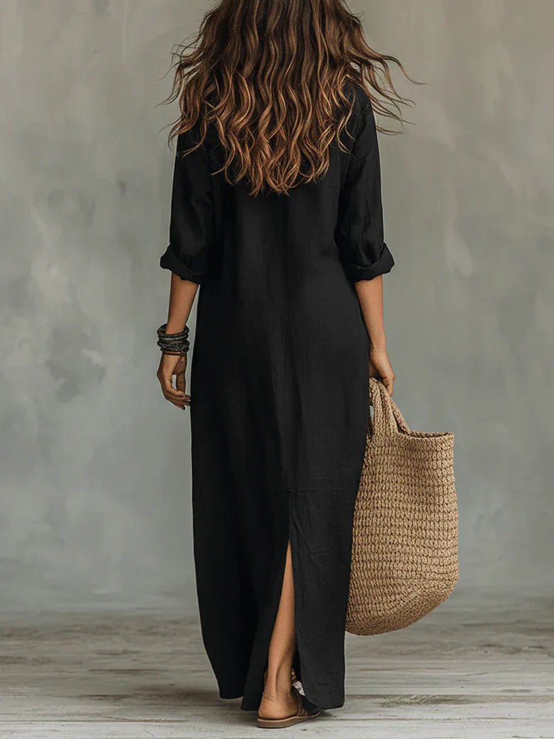 Margot - Chique vloeiende maxi jurk met v-hals voor dames Close Up