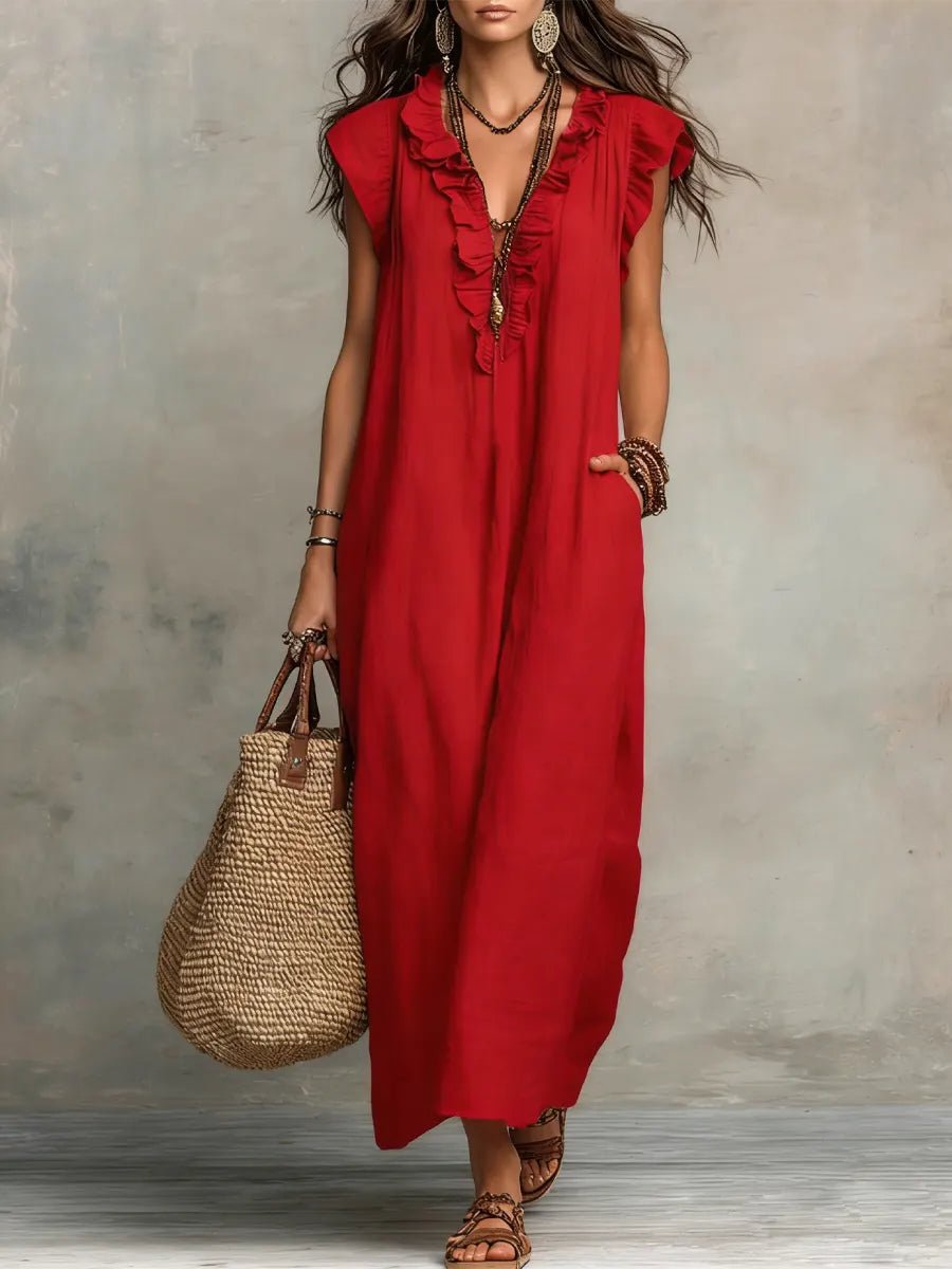 Margot - Vloeiende boho jurk met v-hals en ruches voor dames Back
