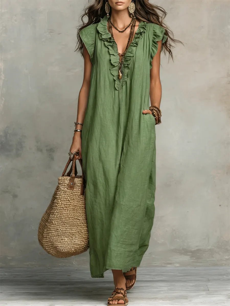 Margot - Vloeiende boho jurk met v-hals en ruches voor dames Detail