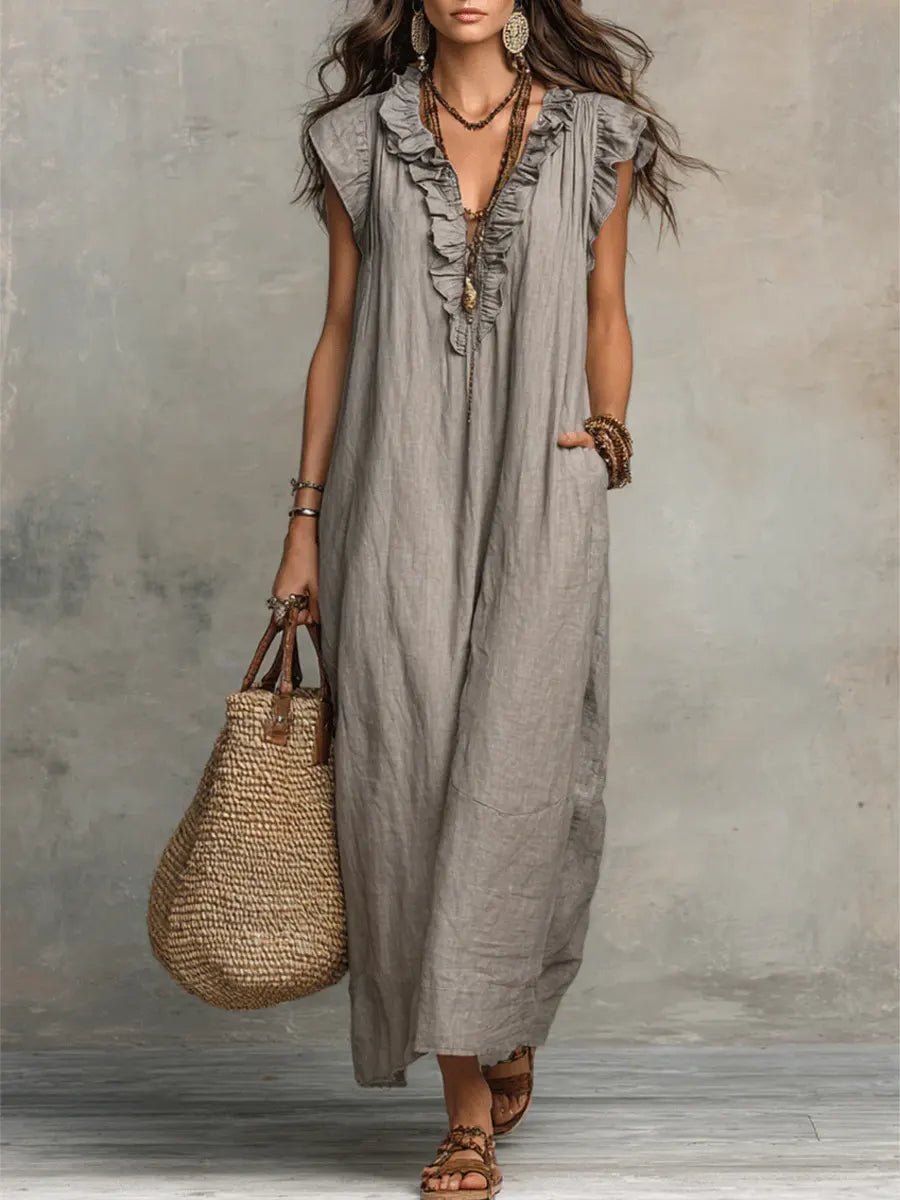 Margot - Vloeiende boho jurk met v-hals en ruches voor dames Front