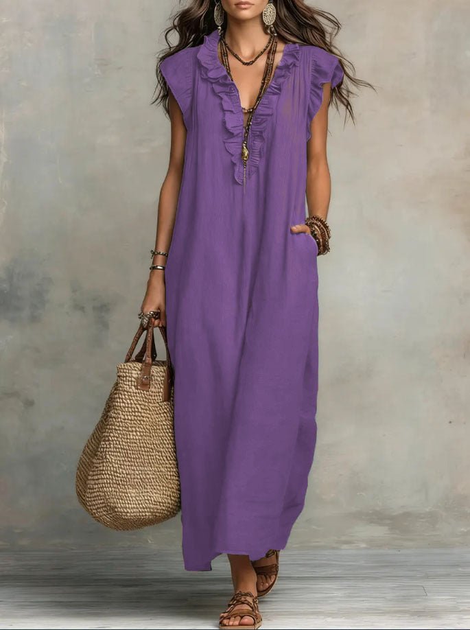 Margot - Vloeiende boho jurk met v-hals en ruches voor dames Full