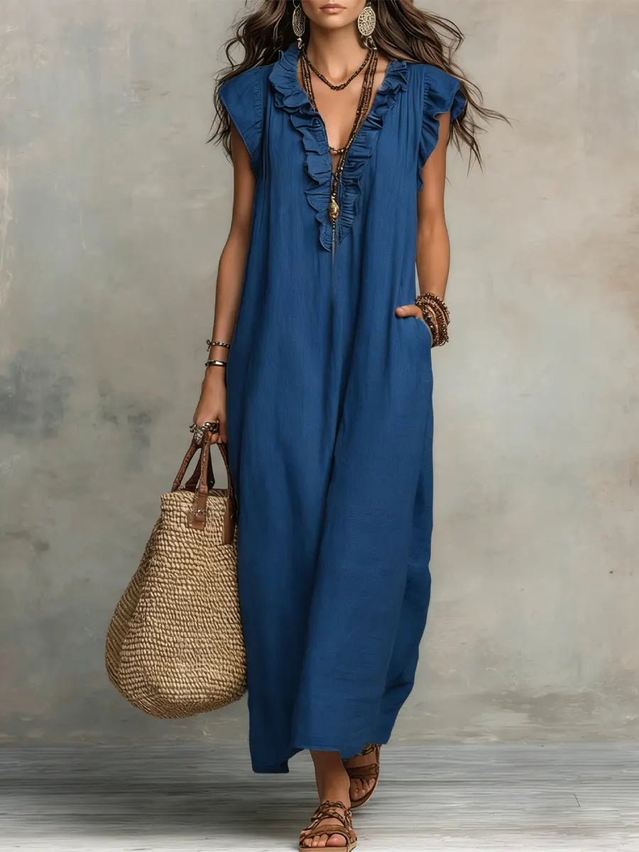 Margot - Vloeiende boho jurk met v-hals en ruches voor dames Side