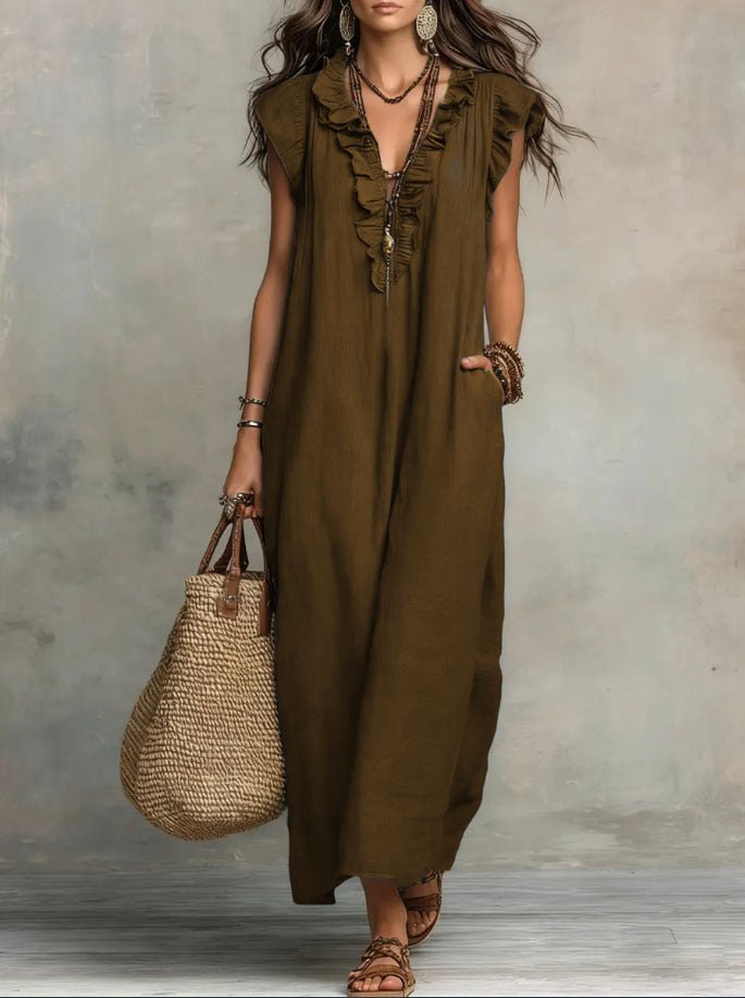 Margot - Vloeiende boho jurk met v-hals en ruches voor dames View 12