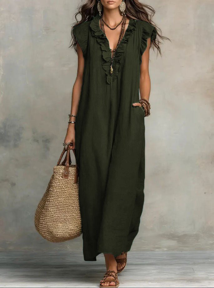 Margot - Vloeiende boho jurk met v-hals en ruches voor dames View 13