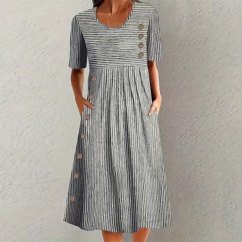 Maud - Gestreepte midi-jurk met diagonale knopenrij voor dames Back