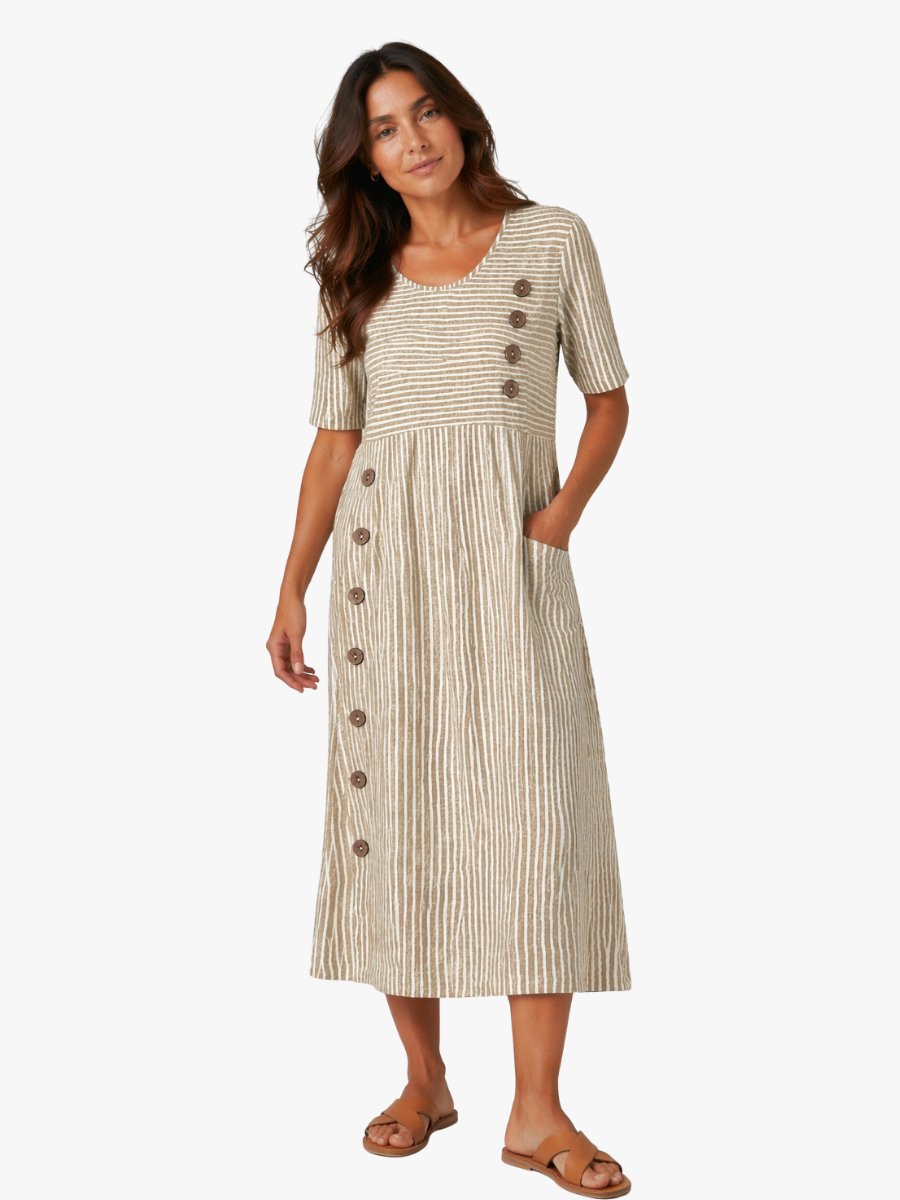 Maud - Gestreepte midi-jurk met diagonale knopenrij voor dames Hero