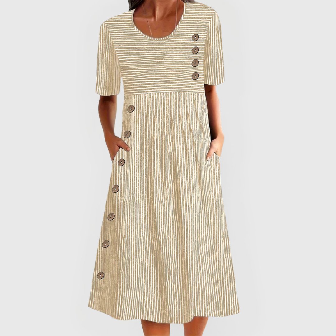 Maud - Gestreepte midi-jurk met diagonale knopenrij voor dames Side