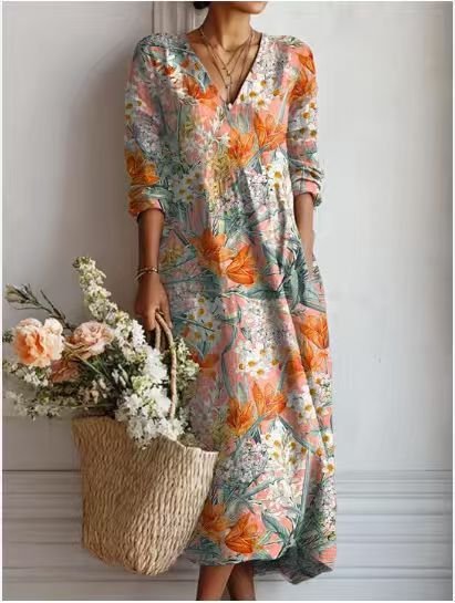 Merel - Vintage linnen midi jurk met bloemenprint voor dames Back