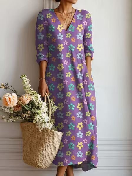 Merel - Vintage linnen midi jurk met bloemenprint voor dames Full