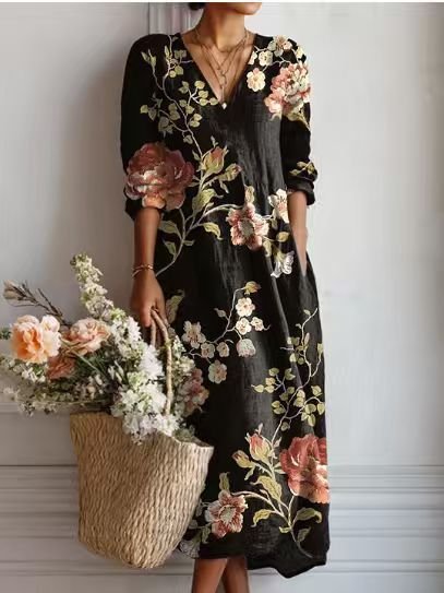 Merel - Vintage linnen midi jurk met bloemenprint voor dames Side