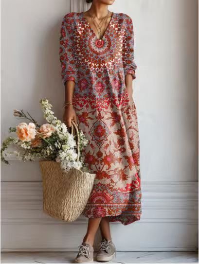 Merel - Vintage linnen midi jurk met bloemenprint voor dames View 11