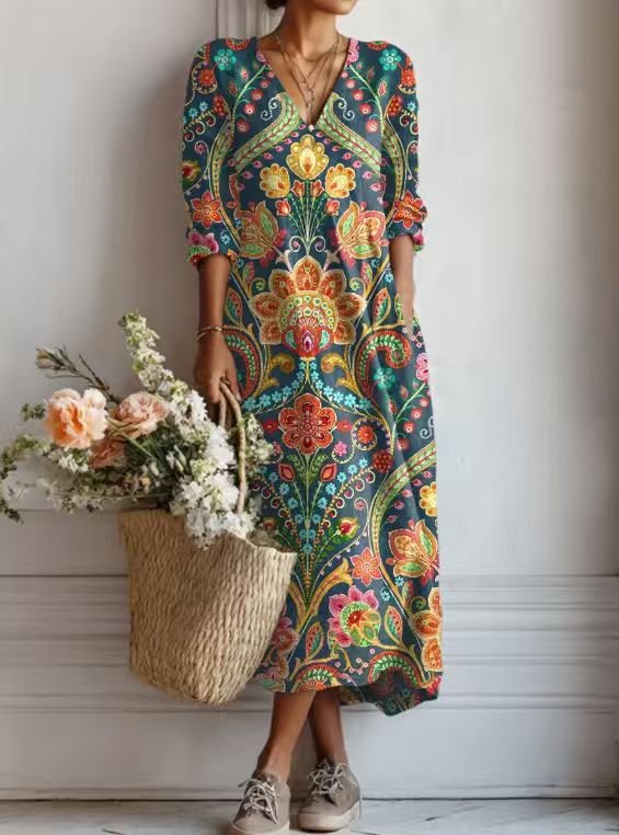 Merel - Vintage linnen midi jurk met bloemenprint voor dames View 12