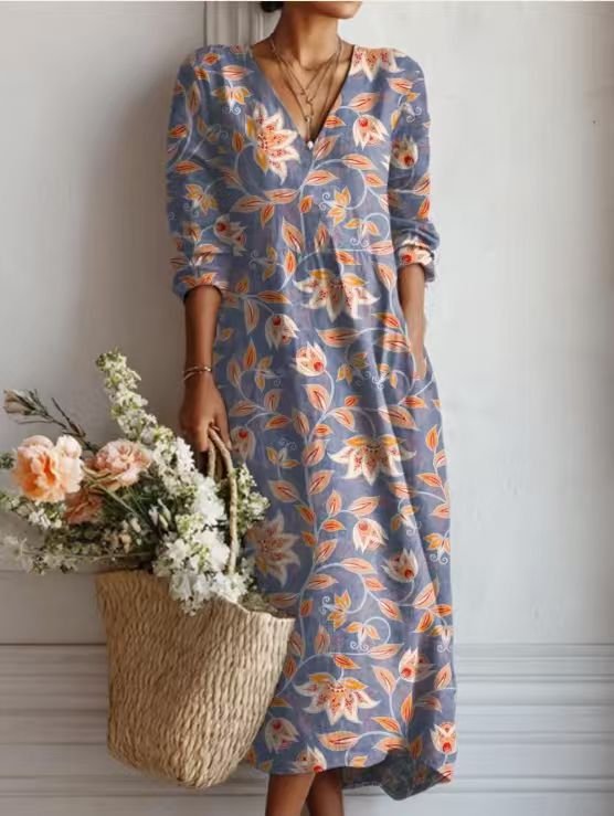 Merel - Vintage linnen midi jurk met bloemenprint voor dames View 13