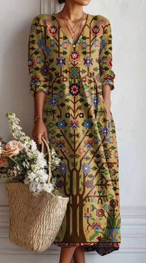 Merel - Vintage linnen midi jurk met bloemenprint voor dames View 15