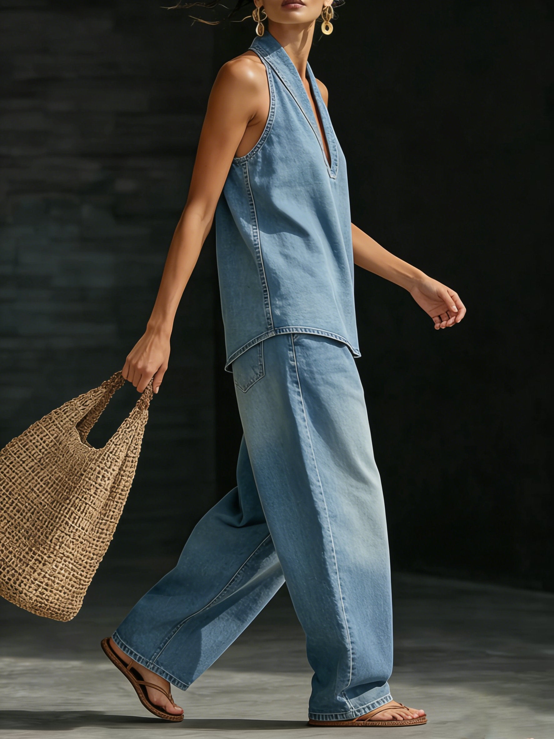 Renske - Casual tweedelige denimset met halter v-hals voor dames Full