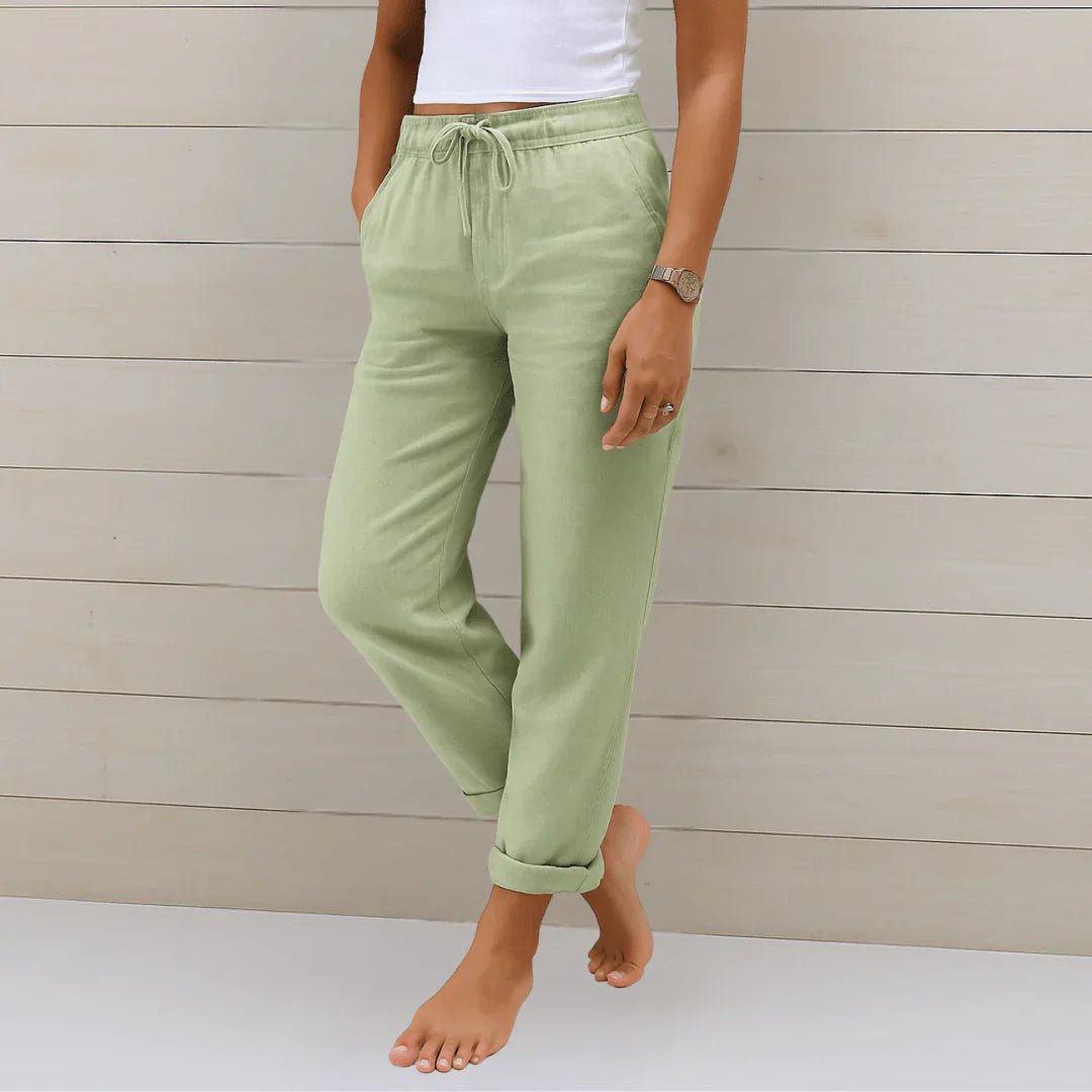Renske - Luchtige stretch linnen broek met omgeslagen zoom voor dames Angle