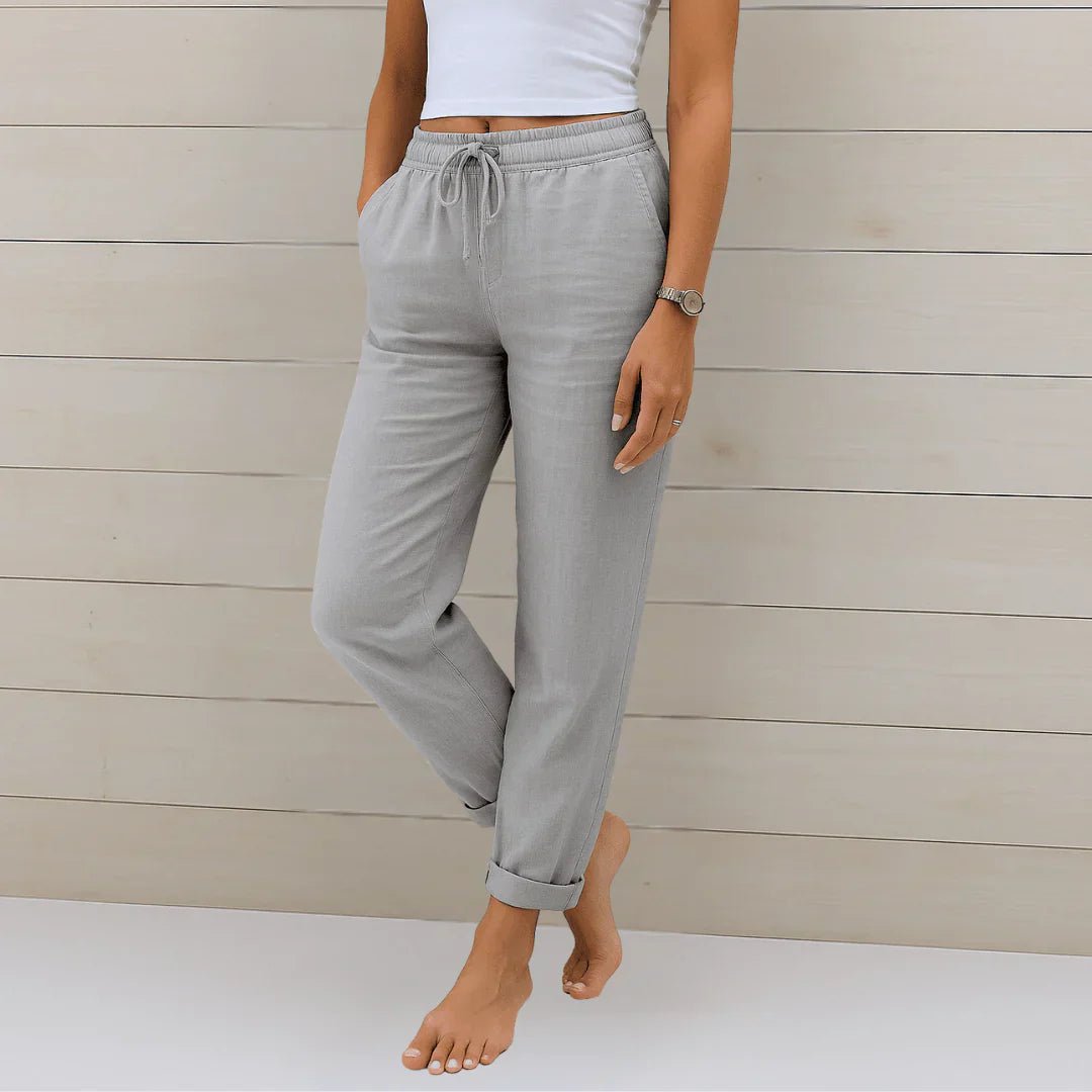 Renske - Luchtige stretch linnen broek met omgeslagen zoom voor dames Close Up
