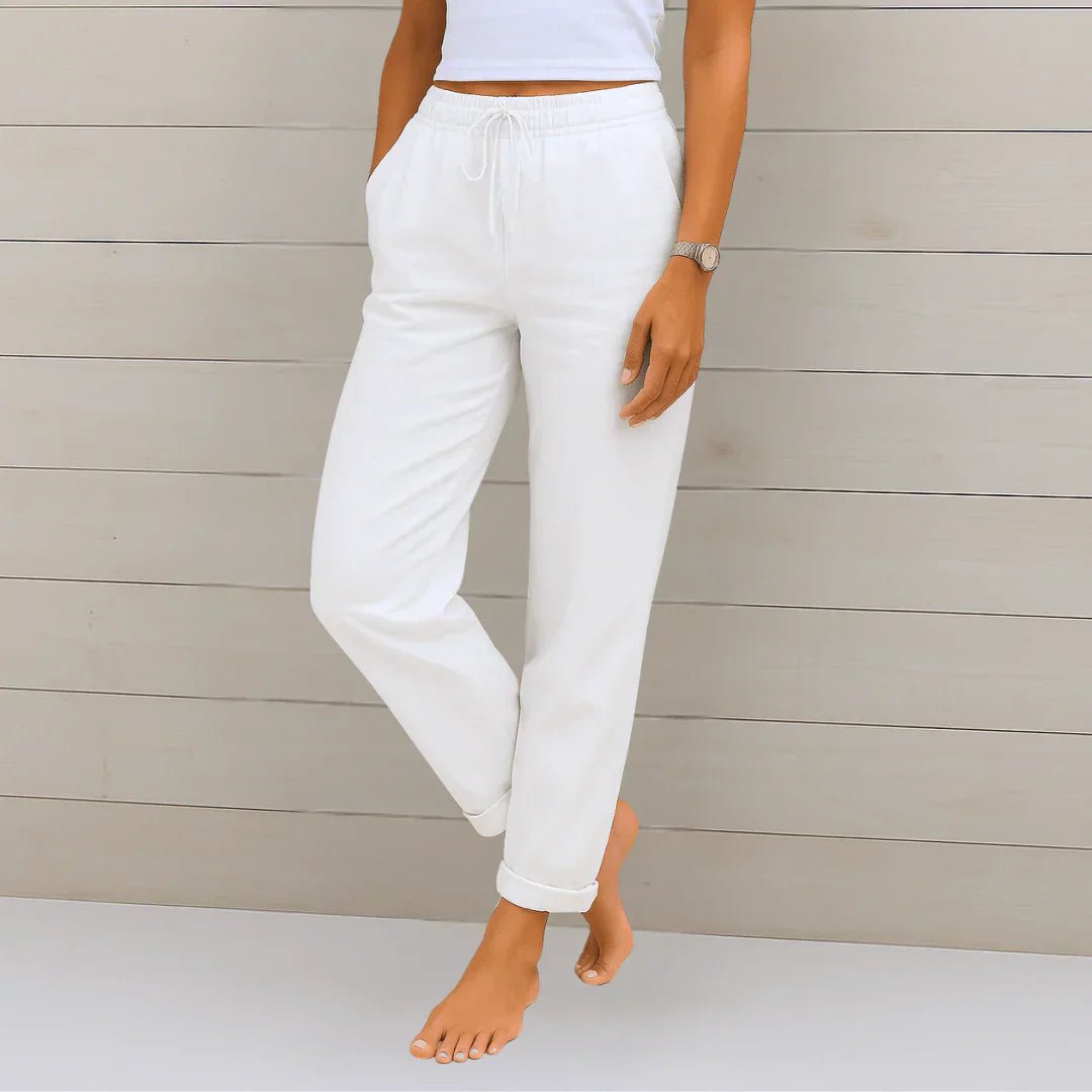 Renske - Luchtige stretch linnen broek met omgeslagen zoom voor dames Detail