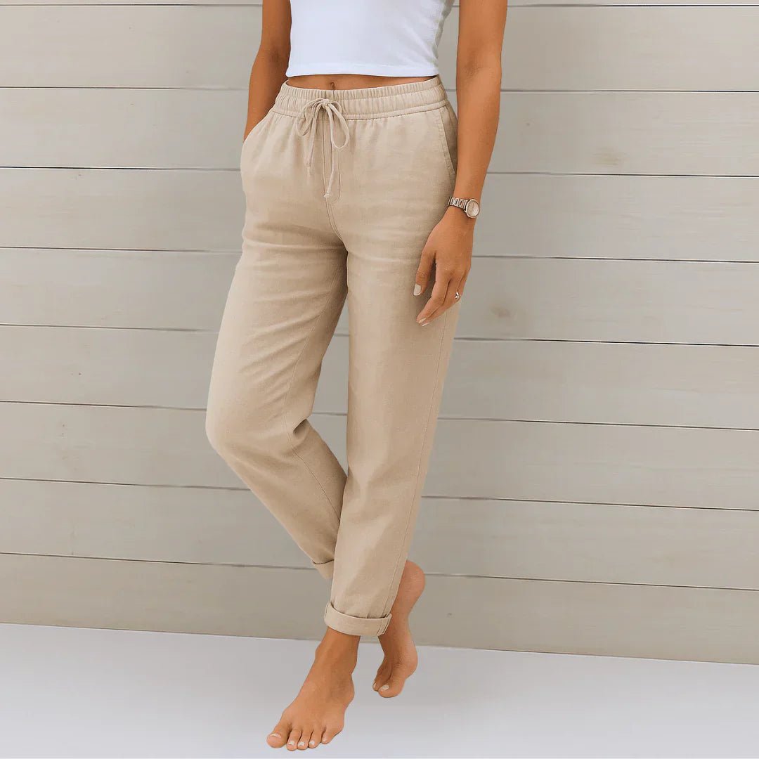 Renske - Luchtige stretch linnen broek met omgeslagen zoom voor dames Front