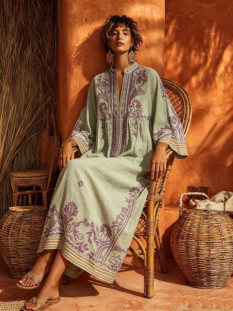 Roos - Soepelvallende geborduurde boho jurk voor dames Back