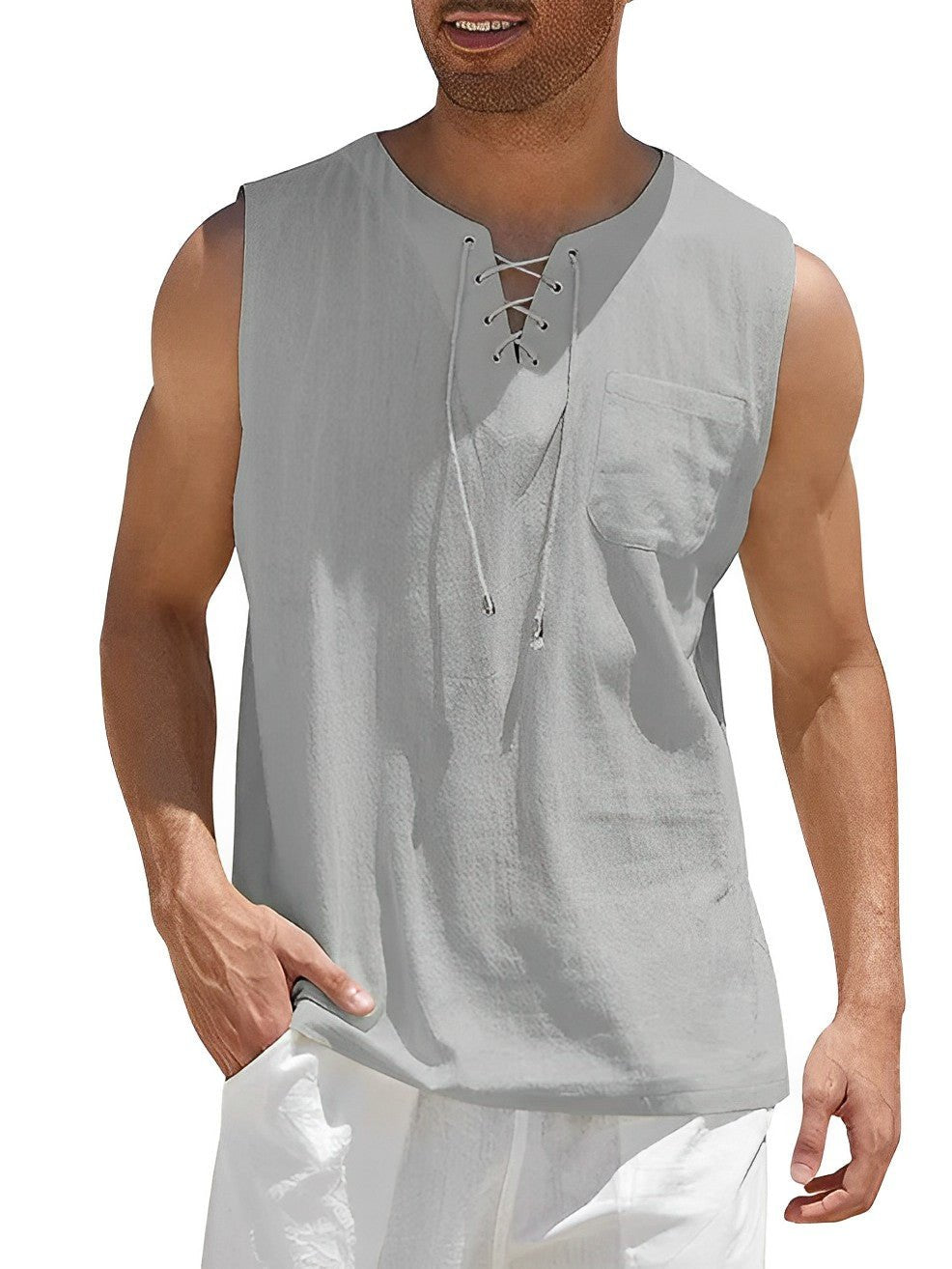 Sven - Luchtige linnen tanktop met vetertouw voor heren Close Up